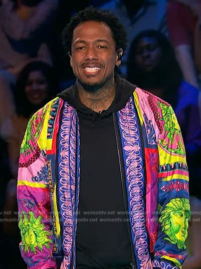 Nick Cannon’s multicolored print quilted jacket on Beat Shazam